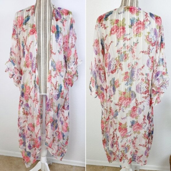 Betsey Johnson Floral Print Sheer Kimono Ruffled Swim Cover-up Loungewear O/S - Picture 1 of 12